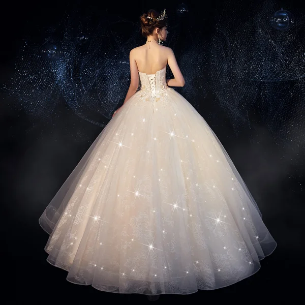 Elegant Elfenben Hage / utendørs Brudekjoler 2019 Ballkjole Kjæreste Uten Ermer Ryggløse Appliques Blonder Perle Glitter Tyll Lange Buste