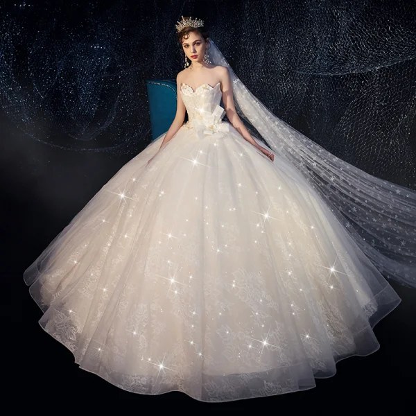 Elegant Elfenben Hage / utendørs Brudekjoler 2019 Ballkjole Kjæreste Uten Ermer Ryggløse Appliques Blonder Perle Glitter Tyll Lange Buste