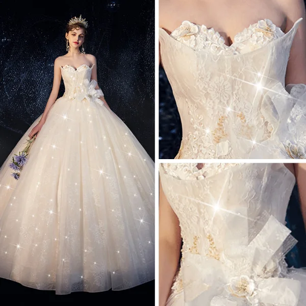 Elegant Elfenben Hage / utendørs Brudekjoler 2019 Ballkjole Kjæreste Uten Ermer Ryggløse Appliques Blonder Perle Glitter Tyll Lange Buste