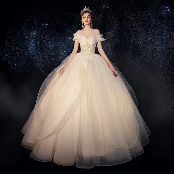 Elegant Ivory Outdoor / Garden Wedding Dresses 2019 Princess Off-The-Shoulder Short Sleeve Backless Sequins Beading Floor-Length / Long Ruffle