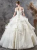 Affordable Champagne Outdoor / Garden Wedding Dresses 2019 Ball Gown Off-The-Shoulder Short Sleeve Backless Appliques Lace Sequins Floor-Length / Long Ruffle