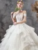Affordable Champagne Outdoor / Garden Wedding Dresses 2019 Ball Gown Off-The-Shoulder Short Sleeve Backless Appliques Lace Sequins Floor-Length / Long Ruffle