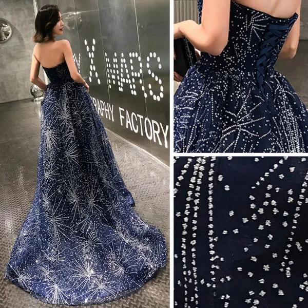 Bling Bling Mørk Marineblå Selskapskjoler 2019 Prinsesse Fantastiske / Unike Kjæreste Uten Ermer Ryggløse Glitter Tyll Domstol Tog Buste Formelle Kjoler