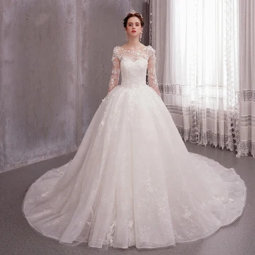 Blomma Fe Elfenben Genomskinliga Bröllopsklänningar 2019 Balklänning Urringning Långärmad Halterneck Appliqués Blomma Beading Pärla Glittriga Glitter Tyll Chapel Train Ruffle
