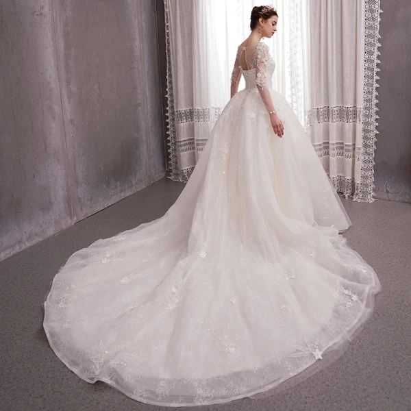 Flower Fairy Ivory See-through Wedding Dresses 2019 Ball Gown Scoop Neck Long Sleeve Backless Appliques Flower Beading Pearl Glitter Tulle Chapel Train Ruffle