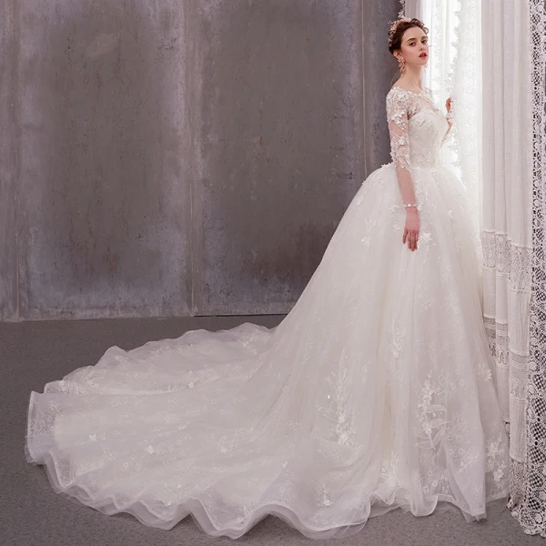 Flower Fairy Ivory See-through Wedding Dresses 2019 Ball Gown Scoop Neck Long Sleeve Backless Appliques Flower Beading Pearl Glitter Tulle Chapel Train Ruffle