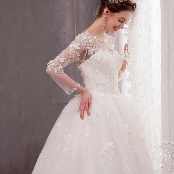 Flower Fairy Ivory See-through Wedding Dresses 2019 Ball Gown Scoop Neck Long Sleeve Backless Appliques Flower Beading Pearl Glitter Tulle Chapel Train Ruffle