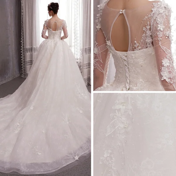 Flower Fairy Ivory See-through Wedding Dresses 2019 Ball Gown Scoop Neck Long Sleeve Backless Appliques Flower Beading Pearl Glitter Tulle Chapel Train Ruffle