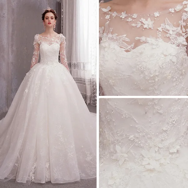 Flower Fairy Ivory See-through Wedding Dresses 2019 Ball Gown Scoop Neck Long Sleeve Backless Appliques Flower Beading Pearl Glitter Tulle Chapel Train Ruffle