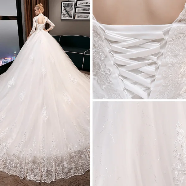 Vintage / Originale Abordable Ivoire Robe De Mariée 2019 Princesse Col Haut 3/4 Manches Dos Nu Percé Appliques En Dentelle Glitter Tulle Cathedral Train Volants