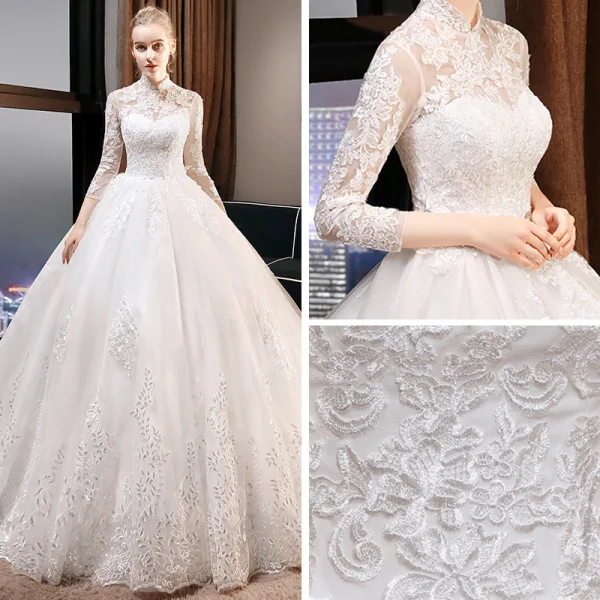 Vintage / Originale Abordable Ivoire Robe De Mariée 2019 Princesse Col Haut 3/4 Manches Dos Nu Percé Appliques En Dentelle Glitter Tulle Cathedral Train Volants