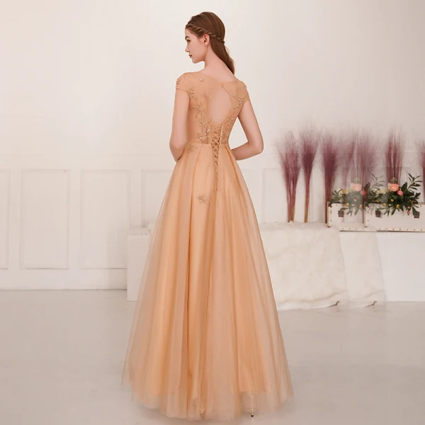 Illusion Champagne Gold See-through Evening Dresses 2019 A-Line / Princess Square Neckline Sleeveless Beading Floor-Length / Long Ruffle Backless Formal Dresses