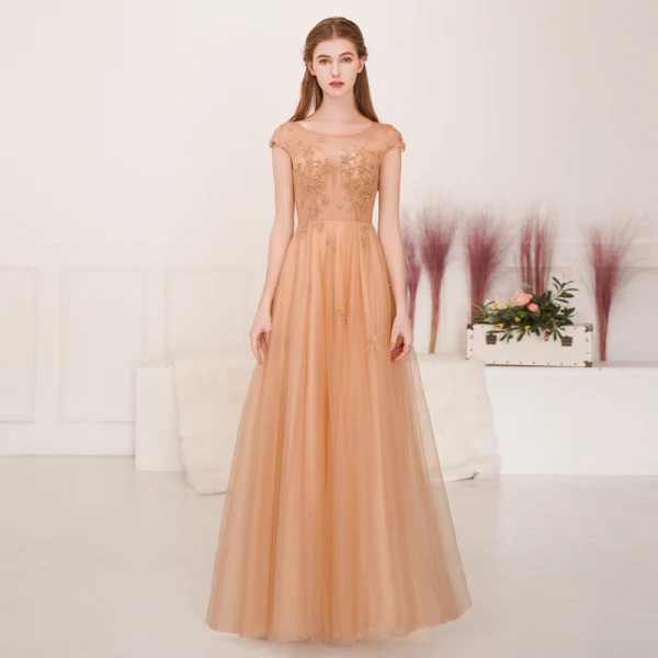 Illusion Champagne Gold See-through Evening Dresses 2019 A-Line / Princess Square Neckline Sleeveless Beading Floor-Length / Long Ruffle Backless Formal Dresses