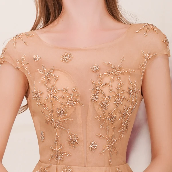 Illusion Champagne Gold See-through Evening Dresses 2019 A-Line / Princess Square Neckline Sleeveless Beading Floor-Length / Long Ruffle Backless Formal Dresses