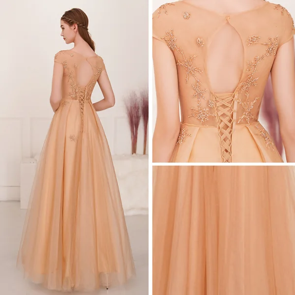 Illusion Champagne Gold See-through Evening Dresses 2019 A-Line / Princess Square Neckline Sleeveless Beading Floor-Length / Long Ruffle Backless Formal Dresses