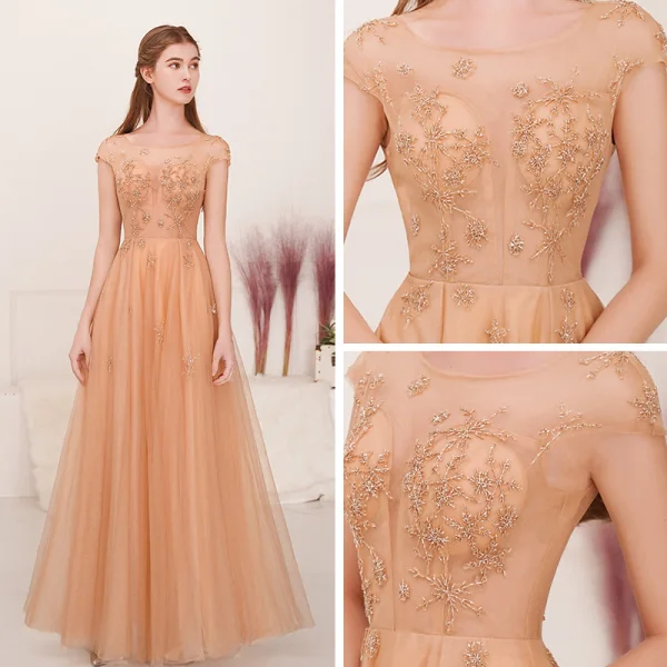 Illusion Champagne Gold See-through Evening Dresses 2019 A-Line / Princess Square Neckline Sleeveless Beading Floor-Length / Long Ruffle Backless Formal Dresses