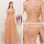 Illusion Champagne Gold See-through Evening Dresses  2019 A-Line / Princess Square Neckline Sleeveless Beading Floor-Length / Long Ruffle Backless Formal Dresses