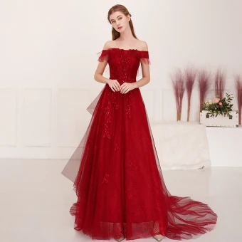 Élégant Bordeaux Robe De Soirée 2019 Princesse De L 039 Épaule Manches Courtes Appliques En Dentelle Paillettes Train De Balayage Volants Dos Nu Robe De Ceremonie