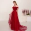 Élégant Bordeaux Robe De Soirée 2019 Princesse De l'épaule Manches Courtes Appliques En Dentelle Paillettes Train De Balayage Volants Dos Nu Robe De Ceremonie