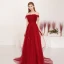 Élégant Bordeaux Robe De Soirée 2019 Princesse De l'épaule Manches Courtes Appliques En Dentelle Paillettes Train De Balayage Volants Dos Nu Robe De Ceremonie