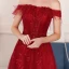 Élégant Bordeaux Robe De Soirée 2019 Princesse De l'épaule Manches Courtes Appliques En Dentelle Paillettes Train De Balayage Volants Dos Nu Robe De Ceremonie