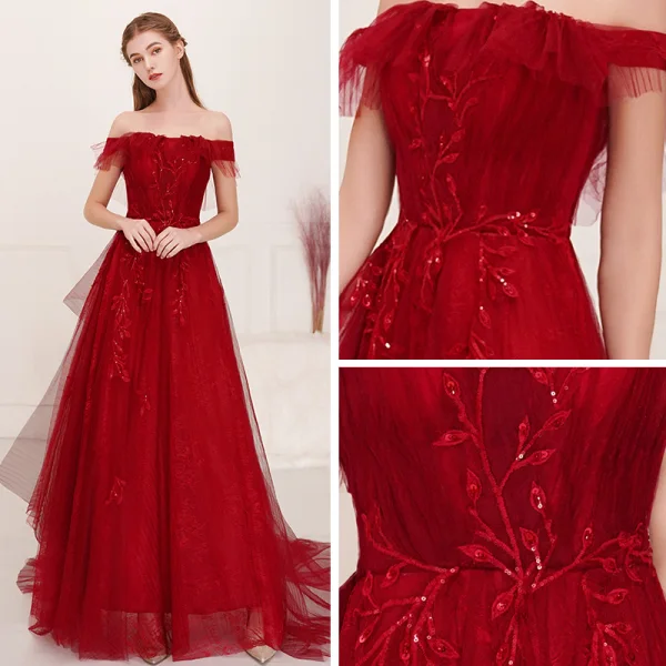 Élégant Bordeaux Robe De Soirée 2019 Princesse De l'épaule Manches Courtes Appliques En Dentelle Paillettes Train De Balayage Volants Dos Nu Robe De Ceremonie