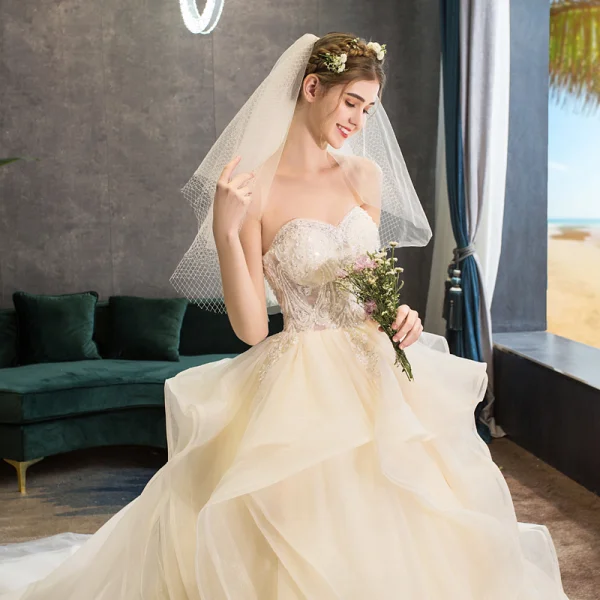 Beste Champagne Brudekjoler 2019 Ballkjole Kjæreste Uten Ermer Ryggløse Appliques Blonder Beading Chapel Train Buste