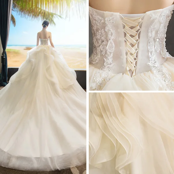 Beste Champagne Brudekjoler 2019 Ballkjole Kjæreste Uten Ermer Ryggløse Appliques Blonder Beading Chapel Train Buste