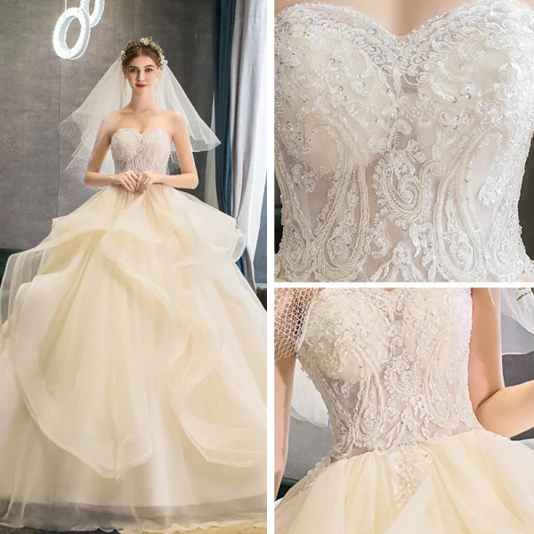 Beste Champagne Brudekjoler 2019 Ballkjole Kjæreste Uten Ermer Ryggløse Appliques Blonder Beading Chapel Train Buste