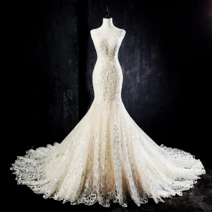 Meilleur Champagne Transparentes Robe De Mariée 2019 Trompette Sirène Encolure Dégagée Sans Manches Dos Nu Percé Appliques En Dentelle Perlage Perle Tribunal Train Volants