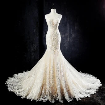 Meilleur Champagne Transparentes Robe De Mariée 2019 Trompette Sirène Encolure Dégagée Sans Manches Dos Nu Percé Appliques En Dentelle Perlage Perle Tribunal Train Volants