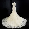 Best Champagne See-through Wedding Dresses 2019 Trumpet / Mermaid Scoop Neck Sleeveless Backless Pierced Appliques Lace Beading Pearl Court Train Ruffle