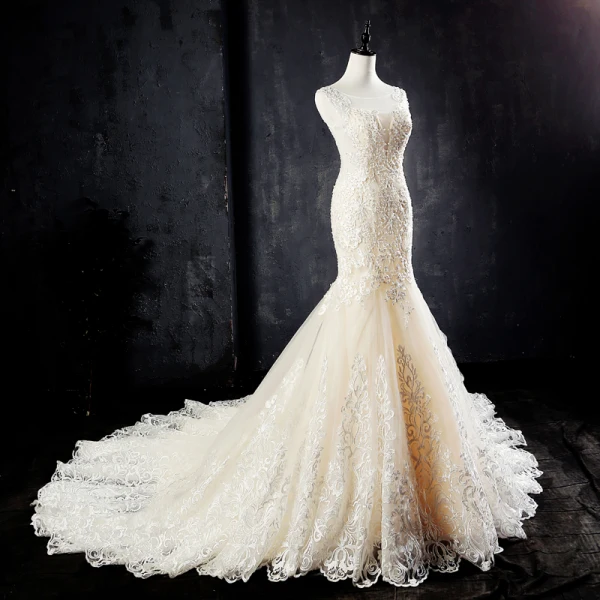 Best Champagne See-through Wedding Dresses 2019 Trumpet / Mermaid Scoop Neck Sleeveless Backless Pierced Appliques Lace Beading Pearl Court Train Ruffle