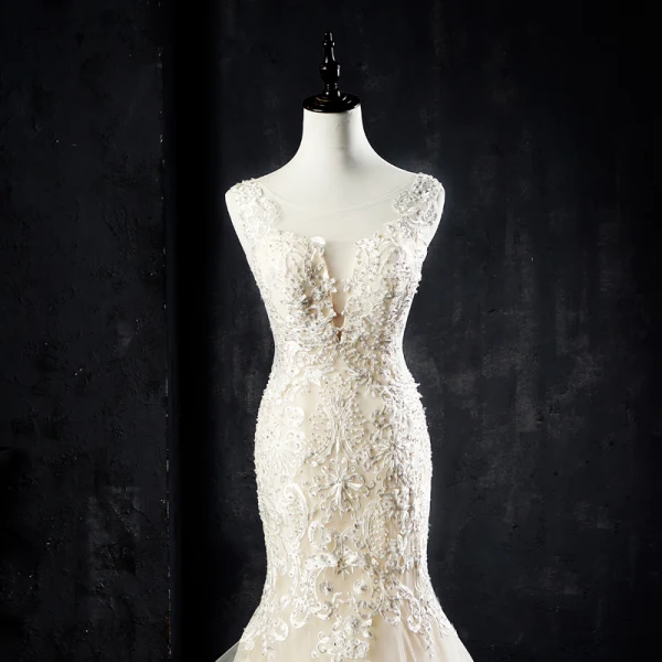 Best Champagne See-through Wedding Dresses 2019 Trumpet / Mermaid Scoop Neck Sleeveless Backless Pierced Appliques Lace Beading Pearl Court Train Ruffle