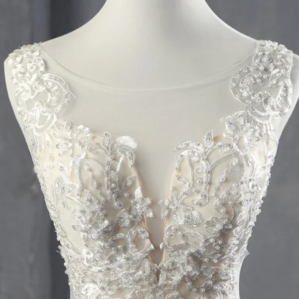 Best Champagne See-through Wedding Dresses 2019 Trumpet / Mermaid Scoop Neck Sleeveless Backless Pierced Appliques Lace Beading Pearl Court Train Ruffle