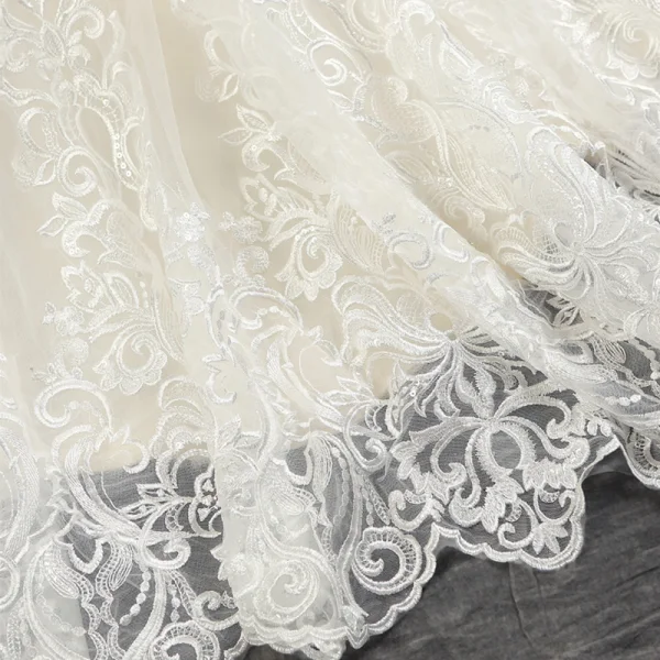Best Champagne See-through Wedding Dresses 2019 Trumpet / Mermaid Scoop Neck Sleeveless Backless Pierced Appliques Lace Beading Pearl Court Train Ruffle