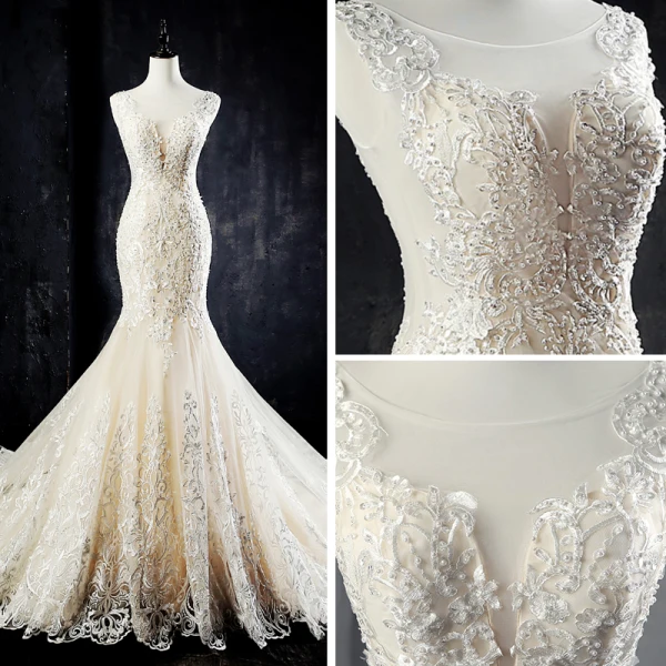 Best Champagne See-through Wedding Dresses 2019 Trumpet / Mermaid Scoop Neck Sleeveless Backless Pierced Appliques Lace Beading Pearl Court Train Ruffle