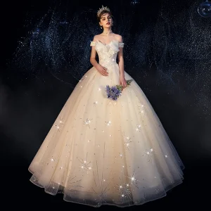 Chic Beautiful Ivory Wedding Dresses 2019 A Line Princess Off The Shoulder Short Sleeve Backless Appliques Lace Beading Glitter Sequins Floor Length Long Ruffle