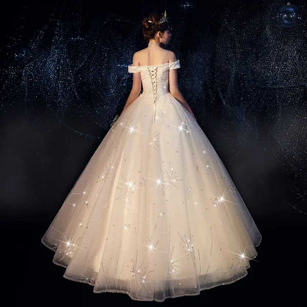 Schöne Ivory / Creme Brautkleider / Hochzeitskleider 2019 A Linie Off Shoulder Kurze Ärmel Rückenfreies Applikationen Spitze Perlenstickerei Glanz Pailletten Lange Rüschen