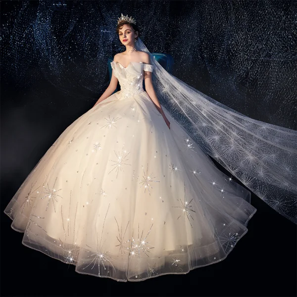 Schöne Ivory / Creme Brautkleider / Hochzeitskleider 2019 A Linie Off Shoulder Kurze Ärmel Rückenfreies Applikationen Spitze Perlenstickerei Glanz Pailletten Lange Rüschen
