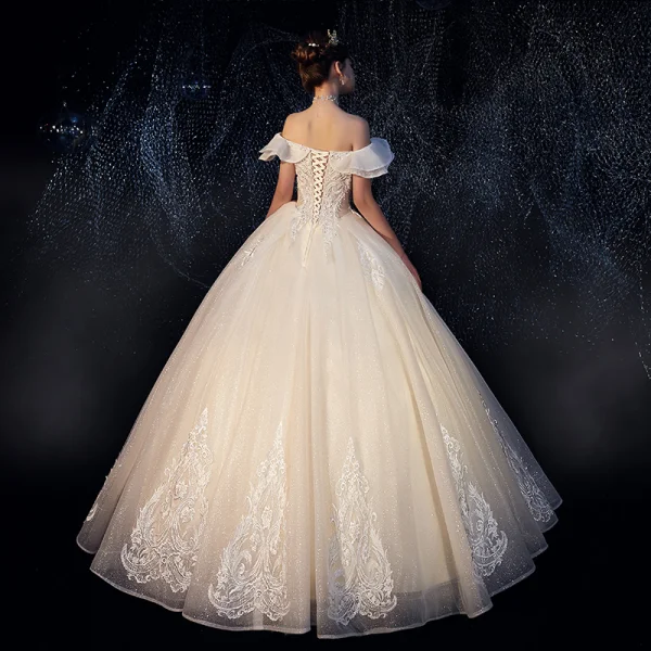 Best Ivory Outdoor / Garden Wedding Dresses 2019 A-Line / Princess Off-The-Shoulder Short Sleeve Backless Appliques Lace Beading Glitter Tulle Floor-Length / Long Ruffle