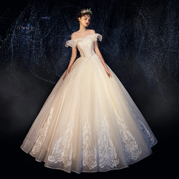 Best Ivory Outdoor / Garden Wedding Dresses 2019 A-Line / Princess Off-The-Shoulder Short Sleeve Backless Appliques Lace Beading Glitter Tulle Floor-Length / Long Ruffle