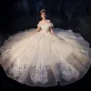Best Ivory Outdoor / Garden Wedding Dresses 2019 A-Line / Princess Off-The-Shoulder Short Sleeve Backless Appliques Lace Beading Glitter Tulle Floor-Length / Long Ruffle