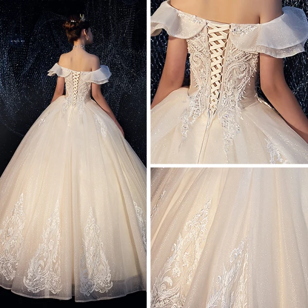 Best Ivory Outdoor / Garden Wedding Dresses 2019 A-Line / Princess Off-The-Shoulder Short Sleeve Backless Appliques Lace Beading Glitter Tulle Floor-Length / Long Ruffle