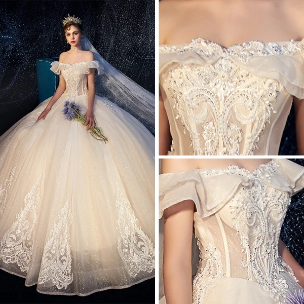 Best Ivory Outdoor / Garden Wedding Dresses 2019 A-Line / Princess Off-The-Shoulder Short Sleeve Backless Appliques Lace Beading Glitter Tulle Floor-Length / Long Ruffle