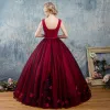 Vintage Burgundy Prom Dresses 2017 Ball Gown Scoop Neck Sleeveless Appliques Flower Bow Sash Floor-Length / Long Ruffle Backless Formal Dresses