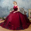 Vintage Burgundy Prom Dresses 2017 Ball Gown Scoop Neck Sleeveless Appliques Flower Bow Sash Floor-Length / Long Ruffle Backless Formal Dresses