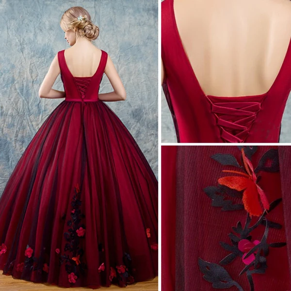 Vintage / Originale Bordeaux Robe De Bal 2017 Robe Boule Encolure Dégagée Sans Manches Appliques Fleur Noeud Ceinture Longue Volants Dos Nu Robe De Ceremonie