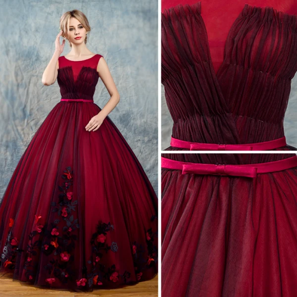 Vintage / Originale Bordeaux Robe De Bal 2017 Robe Boule Encolure Dégagée Sans Manches Appliques Fleur Noeud Ceinture Longue Volants Dos Nu Robe De Ceremonie