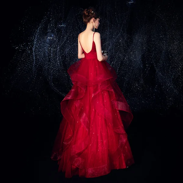 Charming Burgundy Evening Dresses 2019 A-Line / Princess Spaghetti Straps Sleeveless Glitter Tulle Floor-Length / Long Cascading Ruffles Backless Formal Dresses